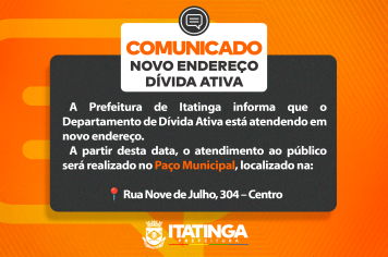 ATENÇÃO! NOVO ENDEREÇO DO DEPARTAMENTO DE DÍVIDA ATIVA