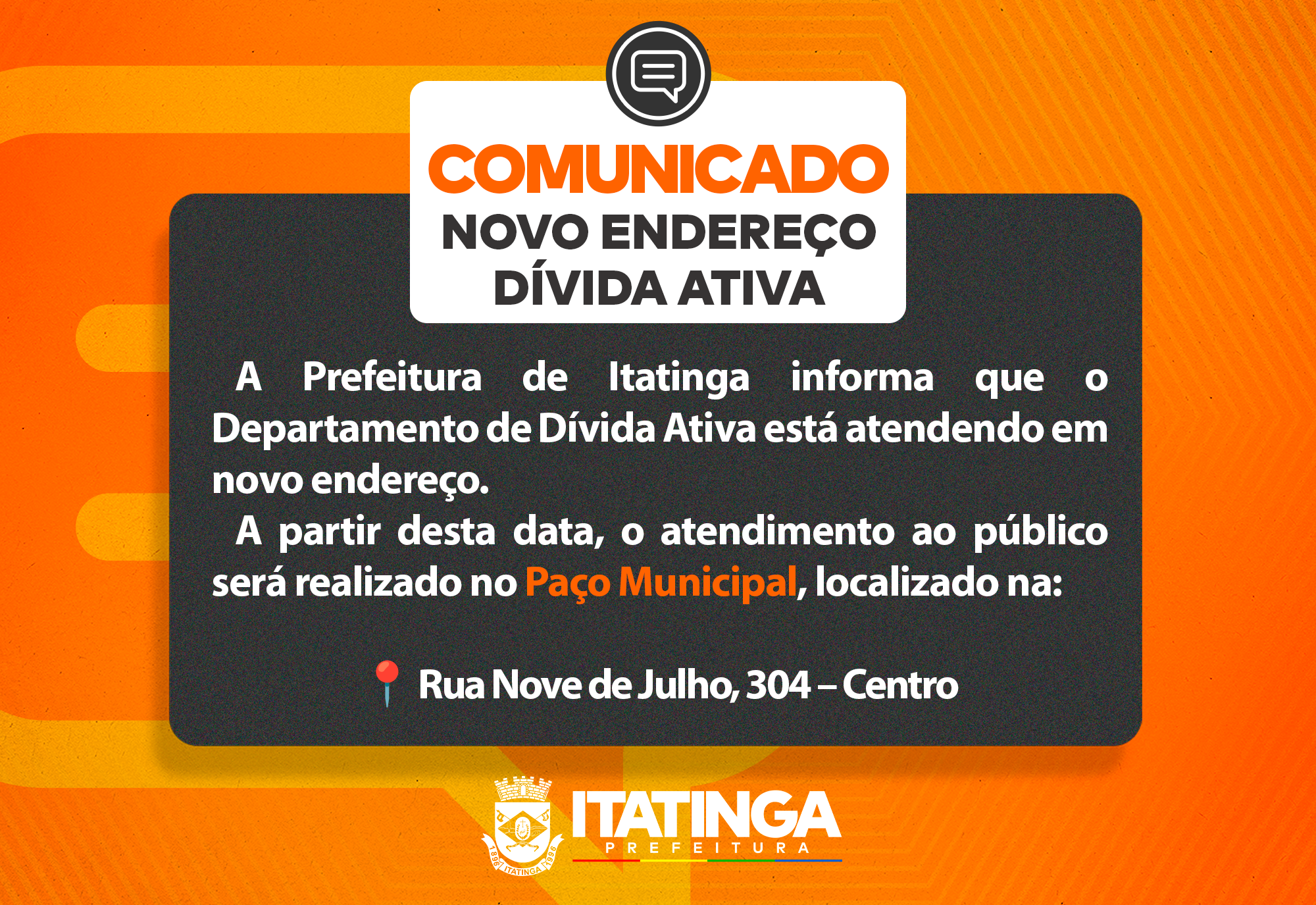 ATENÇÃO! NOVO ENDEREÇO DO DEPARTAMENTO DE DÍVIDA ATIVA