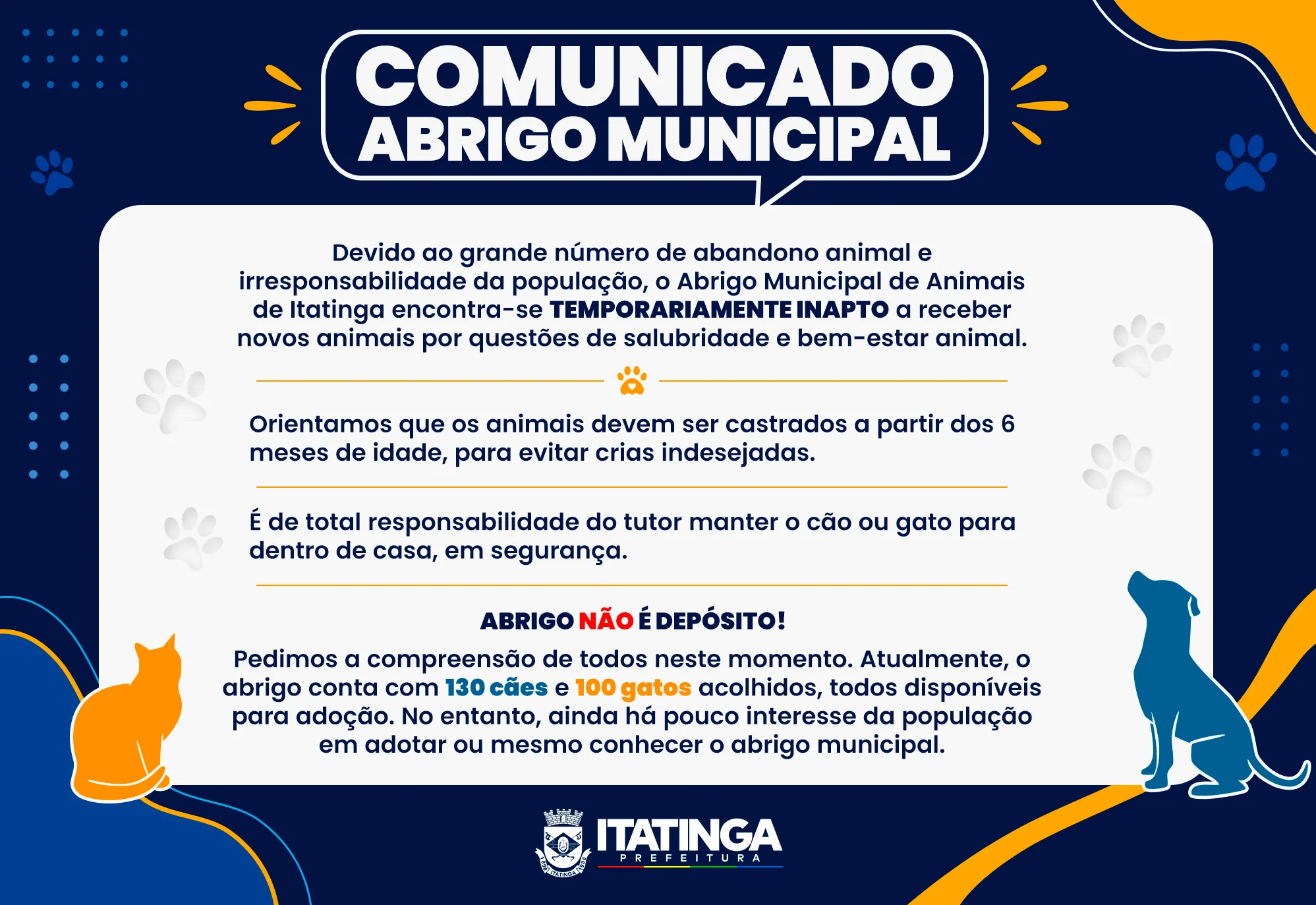 COMUNICADO IMPORTANTE – ABRIGO MUNICIPAL DE ANIMAIS
